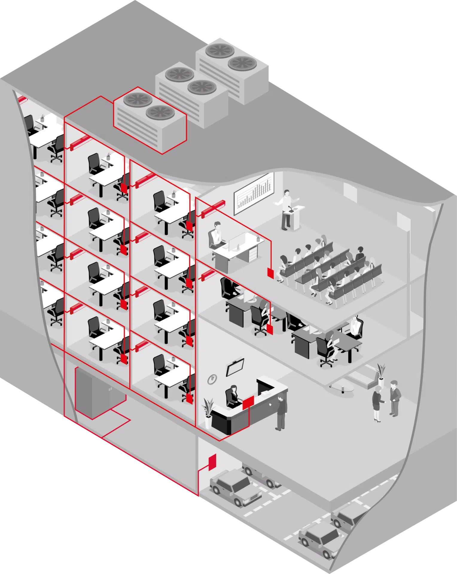 Querschnitt Gebäudeautomation eines Bürogebäudes